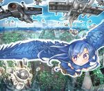  1girl aircraft blue_hair breasts flying harpy long_hair looking_back missile monster_girl no_nipples original outdoors pippi_(artist) wings 