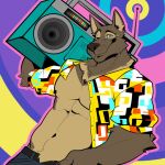 2023 anthro boombox canid canine canis clothing domestic_dog gradient_background male mammal musical_instrument simple_background solo wildside wolf