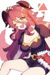  1girl ;d absurdres black_dress breasts cleavage dotpyenji dragalia_lost dragon_girl dragon_horns dragon_tail dress fang hair_between_eyes highres horns long_bangs long_hair looking_at_viewer mym_(dragalia_lost) one_eye_closed open_mouth red_hair short_sleeves skin_fang smile solo tail very_long_hair white_background yellow_eyes 