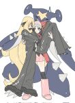  2girls akushitsu_ningen beanie blonde_hair blush boots claws closed_mouth coat cynthia_(pokemon) dawn_(pokemon) fur_trim garchomp hair_ornament hairclip hat highres holding long_hair long_sleeves multiple_girls pants pink_footwear pink_skirt poke_ball_print pokemon pokemon_(creature) pokemon_dppt pokemon_platinum red_scarf scarf sharp_teeth skirt smile spikes teeth white_background 