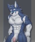 abs absurd_res anthro balls biceps big_penis blue_body blue_eyes blue_fur blue_wolf_(ty_arashi) blush bodily_fluids canid canine canis dripping fur fur_markings genital_fluids genitals hair hi_res humanoid_genitalia humanoid_penis looking_at_viewer male mammal markings multicolored_body multicolored_fur muscular muscular_anthro muscular_male nude pecs penis precum precum_drip simple_background solo standing tail thobeo20vn two_tone_body two_tone_fur wolf