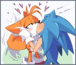&lt;3 &lt;3_eyes anodecristo anthro anthro_on_anthro blush bodily_fluids canid canine clothing duo eulipotyphlan footwear fox gloves handwear hedgehog kiss_on_lips kissing male male/male mammal miles_prower narrowed_eyes saliva sega simple_background sonic_the_hedgehog sonic_the_hedgehog_(series)