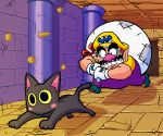  1boy 1girl anomegaguy bag black_cat cat clenched_teeth debris facial_hair gloves green_footwear mustache overalls pointy_ears princess_shokora purple_overalls shirt teeth wario wario_land wario_land_4 white_gloves yellow_headwear yellow_shirt 