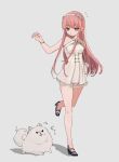  1girl ^^^ bag black_footwear bracelet criss-cross_halter dog dress fate/grand_order fate_(series) full_body grey_background hairband halter_dress halterneck high_heels highres jewelry kaigan0211 leg_up long_hair looking_at_animal medb_(fate) medb_(lostroom_outfit)_(fate) notice_lines pink_hair short_dress shoulder_bag sidelocks simple_background solo standing standing_on_one_leg sweat very_long_hair white_bag white_dress white_hairband yellow_eyes 