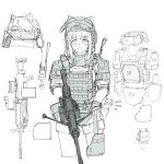  1girl absurdres assault_rifle bulletproof_vest flukhan gloves gun headset highres military_uniform original rifle simple_background solo uniform weapon white_background 