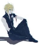  1boy belt black_footwear blonde_hair blue_eyes boots cloud_strife final_fantasy final_fantasy_vii final_fantasy_vii_advent_children final_fantasy_vii_remake gloves haagi123 male_focus multiple_belts shirt short_hair sitting sleeveless sleeveless_turtleneck spiked_hair turtleneck white_background 