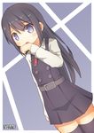  artist_name asashio_(kantai_collection) belt black_hair black_legwear blue_eyes blush buttons dress highres kantai_collection long_hair long_sleeves looking_at_viewer neck_ribbon open_mouth pepatiku pinafore_dress pleated_dress remodel_(kantai_collection) ribbon school_uniform shirt solo thighhighs white_shirt zettai_ryouiki 