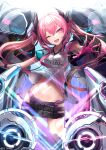  1girl belt gloves grace_(sound_voltex) hair_ornament highres hip_vent kie_(yospcd) long_hair navel open_mouth pink_eyes pink_hair shirt solo sound_voltex stomach t-shirt tagme thighs twintails 