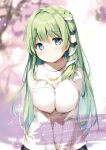  1girl absurdres blue_eyes blurry blurry_background blush breasts cherry_blossoms covered_nipples day frog_hair_ornament green_eyes hair_ornament hair_tubes highres jewelry kochiya_sanae long_hair long_sleeves looking_at_viewer medium_breasts miyase_mahiro necklace outdoors parted_lips ribbed_sweater snake_hair_ornament sweater touhou tree turtleneck upper_body white_sweater 