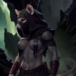 anthro athletic athletic_female belt clothing female fur hi_res hoodie leather leather_clothing mammal mask murid murine navel rat red_eyes rodent skaven solo topwear unknown_artist warhammer_(franchise) white_body white_fur