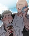  2boys black_hair black_jacket blush closed_eyes cloud collared_shirt cup day disposable_cup drinking drinking_straw highres holding holding_cup jacket male_focus mew_shepherd mito_youhei multiple_boys one_eye_closed outdoors red_hair sakuragi_hanamichi shirt short_hair sky slam_dunk_(series) sweat white_shirt 