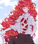  androgynous cloud hand_in_pocket houseki_no_kuni long_hair looking_at_viewer open_clothes open_shirt padparadscha_(houseki_no_kuni) red_eyes red_hair shirt smile solo tische white_shirt wind 
