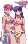  2girls armlet belt blue_eyes blue_hair breasts cleavage collarbone commentary cowboy_shot crop_top dark_blue_hair dirty_pair energy_gun gloves gun headband kamisimo_90 kei_(dirty_pair) large_breasts long_hair looking_at_viewer messy_hair midriff multiple_girls navel open_mouth ray_gun red_eyes red_hair shiny_clothes shiny_skin short_hair sidelocks single_glove smile spacecraft weapon white_background yellow_gloves yuri_(dirty_pair) 