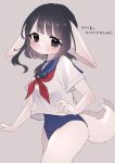 115meg 3_fingers :&lt; absurd_res anthro asian_clothing big_ears black_hair blue_clothing blue_swimwear blush bob_cut bodily_fluids body_blush breasts canid canine clothing dot_nose ear_tuft ears_down east_asian_clothing female fennec fingers fluffy fluffy_tail fox fur grey_eyes hair hi_res japanese_clothing japanese_school_uniform japanese_text kerchief leg_tuft looking_at_viewer mammal multi_tail neck_tuft neckerchief pivoted_ears school_swimsuit school_uniform serafuku simple_background solo standing sweat swimwear tail text topwear tuft uniform white_body white_clothing white_fur white_topwear