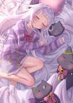  1girl absurdres closed_eyes grey_hair highres hololive long_hair moon_print murasaki_shion nose_bubble pajamas ponzakuro0116 purple_pajamas shiokko_(murasaki_shion) sleeping smile virtual_youtuber 