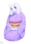 anthro aruurara asian_clothing boss_monster bovid caprine clothing east_asian_clothing eyebrows eyelashes female fur goat hi_res horn japanese_clothing kemono kimono kneeling looking_at_viewer mammal purple_eyes solo toriel undertale undertale_(series) white_body white_fur