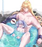  1boy 1girl blonde_hair blush breasts closed_eyes completely_nude curly_hair grey_hair head_wings highres juneplums long_hair mechanical_arms melia_antiqua mixed-sex_bathing monado_rex nude partially_submerged phallic_symbol shared_bathing shulk_(xenoblade) single_mechanical_arm sitting sitting_on_lap sitting_on_person size_difference tall_male time_paradox wings xenoblade_chronicles_(series) xenoblade_chronicles_1 xenoblade_chronicles_3 xenoblade_chronicles_3:_future_redeemed 