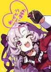  1girl ;d asazuke25 black_gloves crayon dress drill_hair gloves half_gloves headband heart highres hyakumantenbara_salome hyakumantenbara_salome_(1st_costume) juliet_sleeves long_sleeves nijisanji one_eye_closed puffy_sleeves purple_eyes purple_hair red_dress simple_background smile solo virtual_youtuber wrist_cuffs yellow_background 