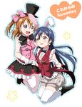  animal_ears bangs blue_eyes blue_hair blush bow bowtie bunny_ears commentary_request earrings gloves hair_between_eyes hat holding_hands jewelry korekara_no_someday kousaka_honoka long_hair love_live! love_live!_school_idol_project multiple_girls one_side_up open_mouth orange_hair pantyhose puffy_shorts short_hair shorts simple_background skull573 sleeveless smile sonoda_umi text_focus thighhighs top_hat white_background white_gloves yellow_eyes 