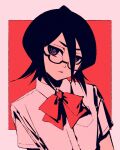  1girl bespectacled black_hair bleach blue_eyes border bow bowtie breast_pocket breasts close-up collared_shirt commentary dress_shirt glasses hair_over_one_eye high_contrast kuchiki_rukia long_bangs looking_at_viewer looking_over_eyewear moshimoshibe outside_border pocket portrait red-framed_eyewear red_background red_bow red_bowtie ringed_eyes romaji_commentary school_uniform semi-rimless_eyewear shirt short_hair short_sleeves small_breasts thick_eyebrows under-rim_eyewear v-shaped_eyebrows white_border white_shirt 