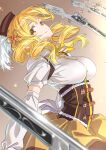  1girl blonde_hair breasts corset detached_sleeves drill_hair gun hat highres large_breasts mahou_shoujo_madoka_magica rifle shirt skirt smile solo solo_focus suzutsuki_kurara tomoe_mami weapon white_shirt yellow_eyes 