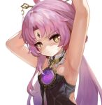  1girl arm_behind_head armpits arms_up bare_shoulders black_dress commentary_request dokomon dress forehead_jewel fu_xuan_(honkai:_star_rail) hair_ornament hair_stick highres honkai:_star_rail honkai_(series) korean_commentary long_hair looking_at_viewer parted_bangs pink_hair solo strapless strapless_dress sweat very_long_hair 