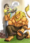 abs absurd_res anthro bandai_namco bear biceps bottomwear claws clothing digimon digimon_(species) duo felid hi_res leomon lion male mammal mane muscular muscular_anthro muscular_male nipples pantherine pants pecs priapup scar tail