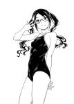  1girl :3 arm_behind_back bare_shoulders blush breasts cameltoe competition_school_swimsuit fukudahda glasses idolmaster idolmaster_shiny_colors mitsumine_yuika monochrome simple_background smile solo swimsuit twintails w white_background 