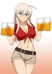  1girl alcohol beer blonde_hair blue_eyes blush breasts cleavage groin hachimitsu-b hanna-justina_marseille large_breasts long_hair navel shiny shiny_skin shirt shorts smile solo strike_witches thighs tied_shirt world_witches_series 