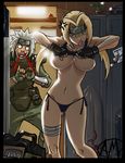  1girl anger_vein angry bag bandages blonde_hair blood breasts candle commentary fingerless_gloves ganassa gloves groin highres huge_breasts jiraiya kunai locker naruto naruto_(series) navel nosebleed o_o panties pinky_out side-tie_panties thighs tsunade underwear undressing walk-in weapon younger 