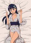  bed_sheet blue_eyes blush dakimakura fang kiyal long_hair lying murata_isshin open_mouth pillow purple_hair robe solo tengen_toppa_gurren_lagann 