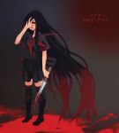  1girl black_hair blood blood_on_face bloody_clothes bloody_hair bloody_tears bloody_weapon boots crying dripping gradient gradient_background hand_on_own_face holding holding_knife holding_weapon knife long_hair open_mouth original puddle red_eyes red_hair ryoji_(nomura_ryouji) school_uniform skirt solo thighhighs translation_request very_long_hair weapon 