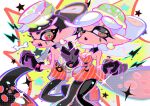  2girls bare_shoulders black_collar black_gloves black_hair black_pantyhose bow-shaped_hair callie_(splatoon) collar detached_collar dress earrings facepaint fangs gloves grey_hair highres inkling jewelry jumpsuit marie_(splatoon) mole mole_under_eye multicolored_hair multiple_girls nose official_alternate_costume open_mouth orange_dress orange_hair orange_jumpsuit pantyhose pink_eyes pointy_ears short_hair splatoon_(series) splatoon_3 star-shaped_pupils star_(symbol) strapless strapless_dress striped_clothes striped_dress striped_jumpsuit symbol-shaped_pupils tentacle_hair twintails two-tone_hair xiaoyunatie 