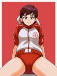  brown_eyes brown_hair buruma cameltoe centurion_(k9a9e9l9) headband jacket kasugano_sakura raglan_sleeves red_background smile solo spread_legs street_fighter track_jacket white_headband 