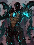  1boy armor black_armor chest_jewel commentary counter:side cowboy_shot full_armor glowing glowing_armor glowing_eyes highres male_focus outdoors replacer_king solo standing zanlyu 