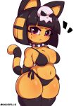 :&lt; accessory animal_crossing ankha_(animal_crossing) armwear bangs belly big_breasts bikini black_bikini black_bra black_clothing black_hair black_legwear black_swimwear black_thigh_highs black_underwear blunt_bangs blush bob_cut bodily_fluids bone bra bracelet breasts cat_tail cel_shading cleavage clothed clothing collar domestic_cat felid feline felis female goth hair hair_accessory hands_behind_back hi_res huge_hips jewelry legwear looking_at_viewer mammal markings narrowed_eyes nauskills navel nintendo portrait purple_eyes shaded side-tie_bikini simple_background skull skull_accessory solo spiked_collar spikes string_bikini striped_markings striped_tail stripes sweat sweatdrop swimwear tail tail_markings thick_thighs thigh_highs three-quarter_portrait three-quarter_view twitter_handle underwear white_background wide_hips yellow_body