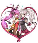  2girls ahoge animal_ears bare_shoulders black_daisy_(soccer_spirits) black_ivy_(soccer_spirits) blush braid breast_press breasts bunny_ears bunnysuit daisy demon_girl demon_tail fang gloves hair_bow hairband heart heart-shaped_pupils ivy_(soccer_spirits) large_breasts long_hair looking_at_viewer multiple_girls open_mouth pantyhose pointy_ears purple_eyes purple_hair red_eyes school_uniform serin199 shiny shiny_hair silver_hair skirt smile tail thigh_strap thighhighs torn_clothes torn_pantyhose twintails very_long_hair 