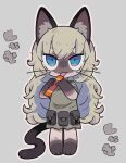  1girl :3 animal_ear_fluff animal_ears black_ears black_tail blonde_hair blue_eyes candy cat cat_ears cat_girl cat_tail ciao_churu colored_skin dress eating food furry furry_female green_dress grey_background grey_skin hair_between_eyes highres holding holding_candy holding_food long_hair looking_up messy_hair original outline pet_food short_sleeves siamese_cat solo tail terada_tera very_long_hair white_outline 