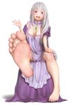  1girl \||/ bare_legs barefoot blunt_bangs breasts cleavage commission detached_collar diamond_(shape) dress emilia_(re:zero) feet foot_focus frilled_dress frills full_body hand_on_own_knee hand_up highres long_hair looking_at_viewer negligee open_mouth paid_reward_available pajamas pixiv_commission pointy_ears presenting_foot purple_dress purple_eyes re:zero_kara_hajimeru_isekai_seikatsu sidelocks simple_background single_bare_shoulder sitting small_breasts soles solo toes white_background white_hair yui_hiroshi 