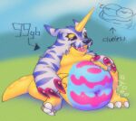 animal_skin anthro bandai_namco belly_overhang digimon digimon_(species) duo gabumon half-closed_eyes hi_res horn moobs narrowed_eyes navel obese on_grass overweight red_eyes rumbling_stomach scales sitting solo solo_focus squeamsel yellow_body yellow_scales