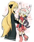  2girls black_coat black_dress black_hair blonde_hair blush closed_eyes coat cynthia_(pokemon) dawn_(pokemon) dress holding_hands hyaku_ae_mon interlocked_fingers long_hair long_sleeves multiple_girls musical_note open_mouth pink_footwear pink_skirt pokemon pokemon_dppt red_scarf scarf shoes skirt sleeveless sleeveless_dress tail tail_wagging very_long_hair yuri 