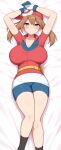  1girl aikome_(haikome) arms_up bandana bed_sheet belt belt_pouch bike_shorts bike_shorts_under_shorts black_socks blue_eyes blue_gloves blue_shorts blush breasts brown_hair cameltoe cleavage closed_mouth commentary covered_nipples dakimakura_(medium) double-parted_bangs feet_out_of_frame from_above gloves hair_between_eyes highres large_breasts looking_at_viewer lying may_(pokemon) medium_hair microskirt miniskirt on_back poke_ball_print pokemon pokemon_rse pouch red_bandana red_shirt shirt short_sleeves shorts skirt smile socks solo taut_clothes two-tone_gloves white_gloves white_skirt yellow_belt 