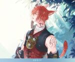  1boy black_vest cat_tail closed_eyes closed_mouth final_fantasy final_fantasy_xiv from_side g&#039;raha_tia highres hooded_robe jacket male_focus open_mouth profile red_eyes red_hair red_jacket robe shoulder_tattoo tail tattoo tladpwl03 upper_body vest 