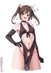  1girl :d alternate_costume bare_legs bare_shoulders black_gloves blush breasts brown_eyes brown_hair clothing_cutout collarbone cropped_legs ebifurya elbow_gloves gloves groin hair_between_eyes hair_ribbon halterneck hand_on_own_hip highres kantai_collection long_hair looking_at_viewer navel navel_cutout open_mouth pelvic_curtain ribbon sidelocks simple_background small_breasts smile solo sparkle tone_(kancolle) twintails twitter_username variant_set white_background white_ribbon 