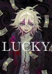  1boy :d absurdres blood collarbone danganronpa_(series) danganronpa_2:_goodbye_despair english_text green_jacket grey_hair highres jacket komaeda_nagito male_focus messy_hair money open_clothes open_jacket pink_blood print_shirt shimotsuki_niko shirt smile solo teeth 