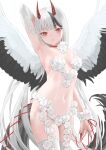  1girl armpits black_hair black_wings feathered_wings highres horns long_hair multicolored_hair multicolored_wings nail navel original red_eyes simple_background solo standing thighhighs tora_army white_background white_hair white_thighhighs white_wings wings 