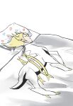  1boy arceus bed blonde_hair closed_eyes dda_sso hair_horns lying male_focus on_back on_bed pillow pokemon pokemon_legends:_arceus simple_background sleeping solo under_covers volo_(pokemon) white_background 