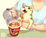 5_fingers ambiguous_gender calico_cat cat_eating_spaghetti cc-by-nc-nd chopsticks clothed clothing creative_commons digital_media_(artwork) domestic_cat duo felid feline felis feral fingers food human instant_noodle low_res mammal meme moawling noodles open_mouth paws pixel_(artwork)