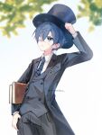  1boy adjusting_clothes adjusting_headwear black_jacket black_pants blazer blue_eyes blue_hair blue_headwear blue_necktie blurry blurry_background book buttons ciel_phantomhive closed_mouth earrings eyepatch hand_on_own_hip hat highres hitomibo holding holding_book jacket jewelry kuroshitsuji leaf light_particles looking_up male_focus necktie open_clothes open_jacket pants patch shirt short_hair solo striped_necktie top_hat twitter_username white_shirt 