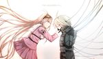  1boy 1girl ahoge android atterozen blonde_hair blue_eyes breasts choker danganronpa duo eyes_closed fingerless_gloves gloves goggles goggles_on_head iruma_miu keebo long_hair mecha new_danganronpa_v3 pink_shirt power_frame robot serafuku shirt short_hair silver_hair skirt smile 